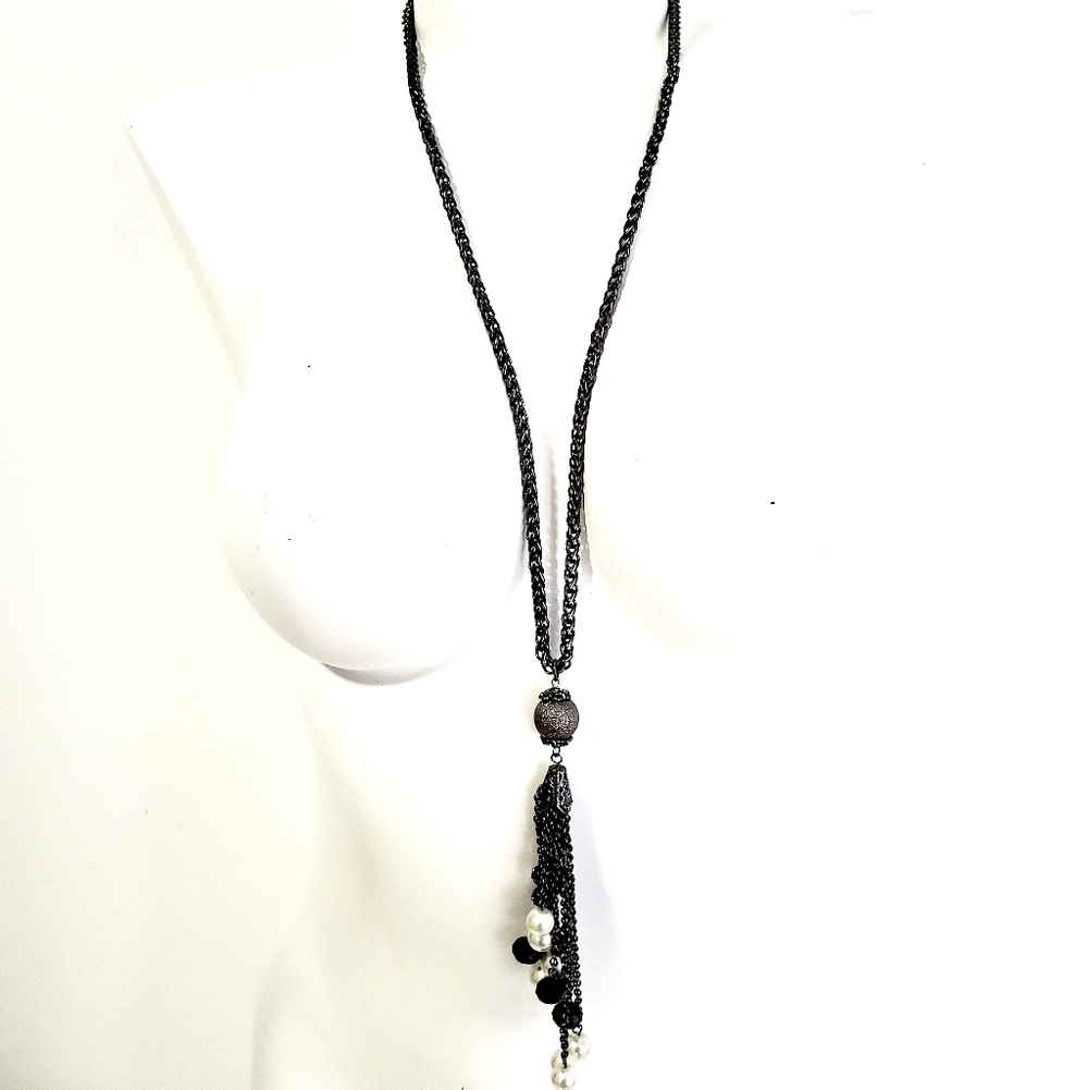 Long Black Tassel Pendant Necklace with Bead Accents - Women Jewelry